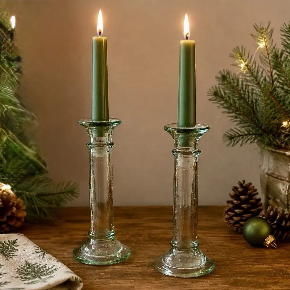 Pair Antique Hand Blown Glass Taper Candlesticks Aqua Green Pontil 8”